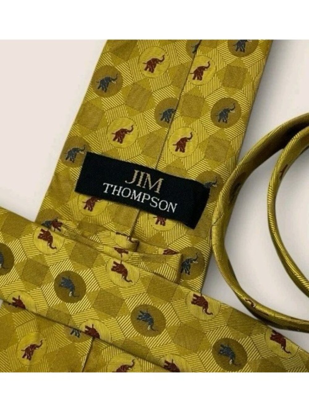 JIM THOMPSON Silk Tie THAILAND Gold Brown Blue Geometric Elephant W:3.8" EUC - Picture 2 of 6